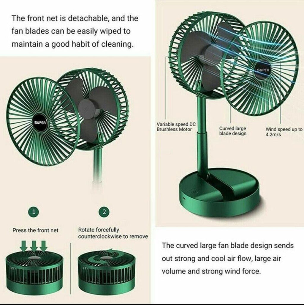 Rechargeable - Portable Telescopic Folding Fan | USB Foldable | Table Desk Fan | Telescopic Design Floor | 3 Speeds Adjustable height Fan (Random color)
