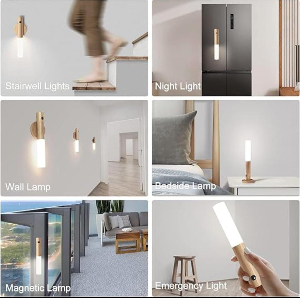 LED Wood Night Light PIR Motion Sensor Magnetic Wall Lamp USB Rechargeable Lights Home Staircase Bedroom Lamp Bedside Lighting | 1Pc