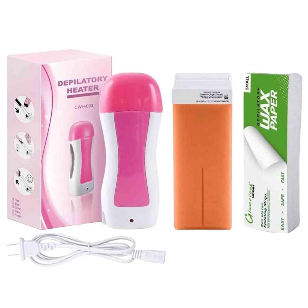 Depilatory Wax Heater Kit 3in1 | Roll-on Hair Removal Kit With Heater, Wax Refill & Strips | Roll On Wax Heater Machine Kit 3-in-1